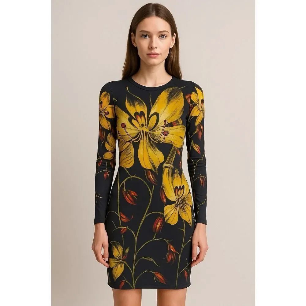 Christopher Kane Black YellowβFloral Mini Dress Long Sleeve Size 2 Small